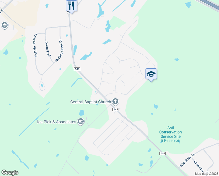 map of restaurants, bars, coffee shops, grocery stores, and more near 104 Countryview Lane in Crandall