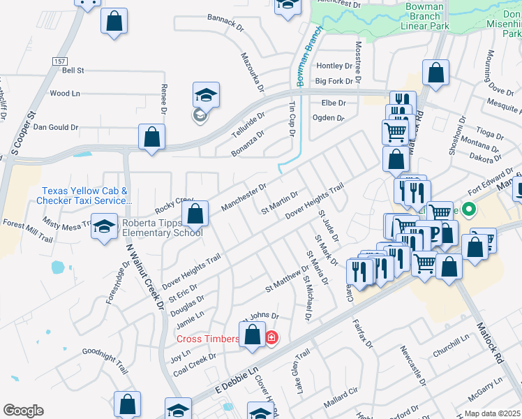 map of restaurants, bars, coffee shops, grocery stores, and more near 3010 Saint Martin Drive in Mansfield