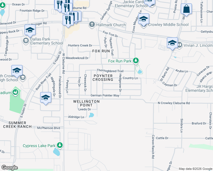 map of restaurants, bars, coffee shops, grocery stores, and more near 4021 Foxhound Lane in Fort Worth