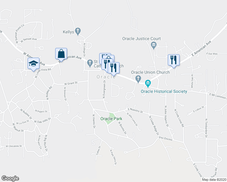 map of restaurants, bars, coffee shops, grocery stores, and more near 925 North Sycamore Drive in Oracle