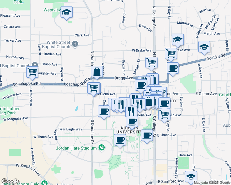 map of restaurants, bars, coffee shops, grocery stores, and more near 331 West Glenn Avenue in Auburn