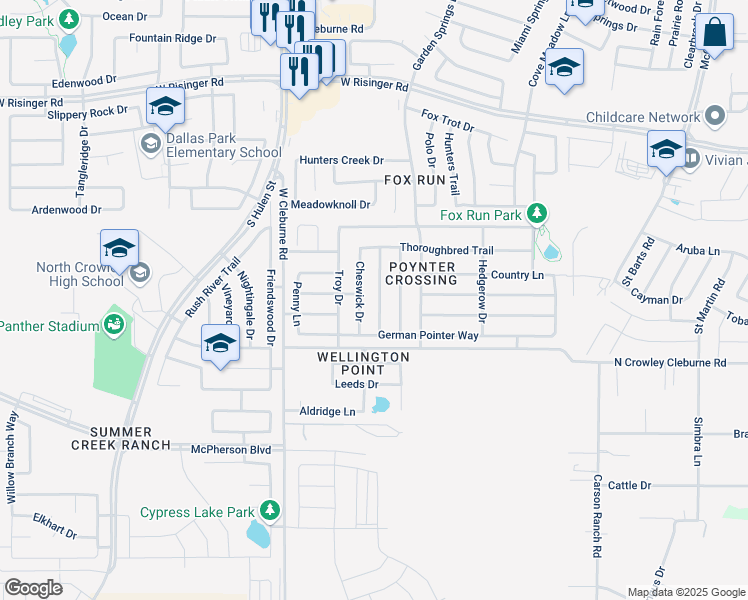 map of restaurants, bars, coffee shops, grocery stores, and more near 9204 Old Clydesdale Drive in Fort Worth