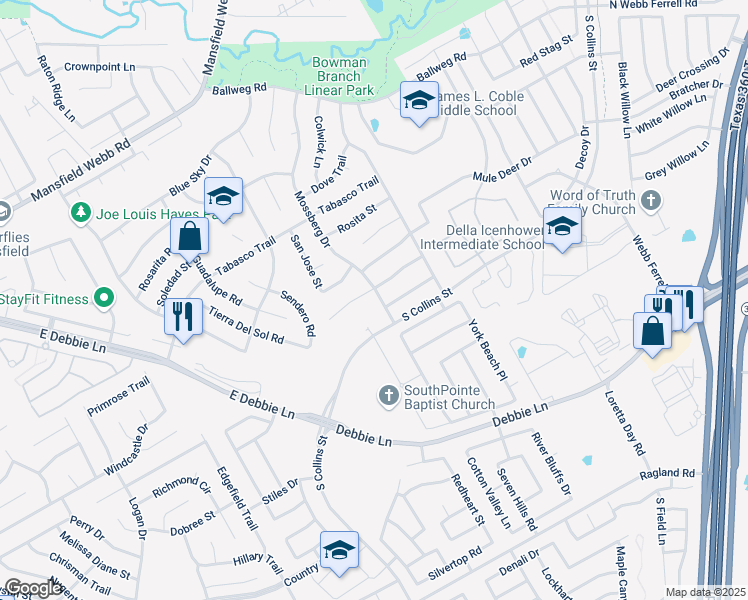 map of restaurants, bars, coffee shops, grocery stores, and more near 8302 Mossberg Drive in Arlington