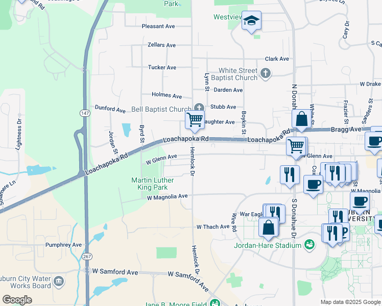 map of restaurants, bars, coffee shops, grocery stores, and more near 900 West Glenn Avenue in Auburn