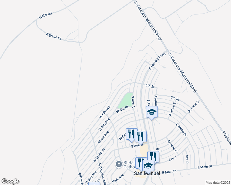 map of restaurants, bars, coffee shops, grocery stores, and more near 124 West 6th Avenue in San Manuel