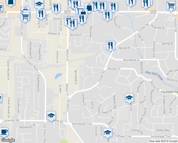 map of restaurants, bars, coffee shops, grocery stores, and more near 97 Hamilton Woods Drive in Warner Robins