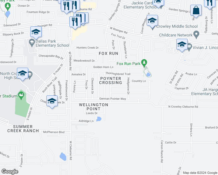 map of restaurants, bars, coffee shops, grocery stores, and more near 9124 Garden Springs Drive in Fort Worth