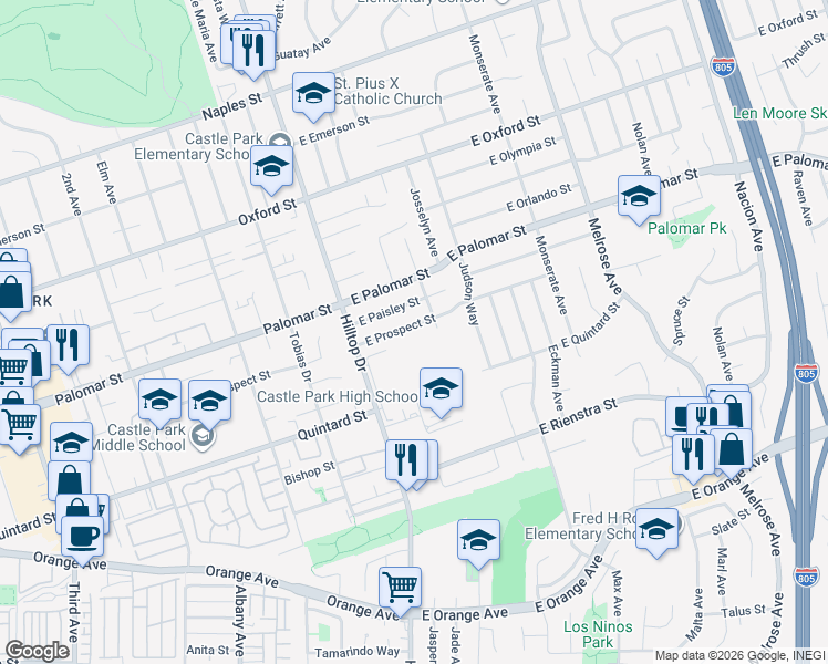 map of restaurants, bars, coffee shops, grocery stores, and more near 69 East Prospect Street in Chula Vista