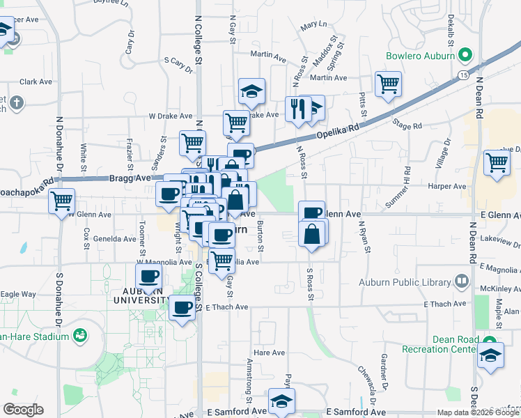 map of restaurants, bars, coffee shops, grocery stores, and more near 329 East Glenn Avenue in Auburn