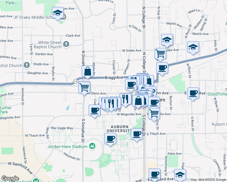 map of restaurants, bars, coffee shops, grocery stores, and more near 334 West Glenn Avenue in Auburn