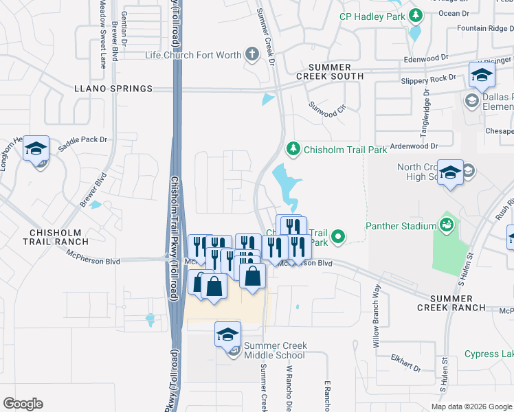 map of restaurants, bars, coffee shops, grocery stores, and more near 9069 Summer Creek Drive in Fort Worth