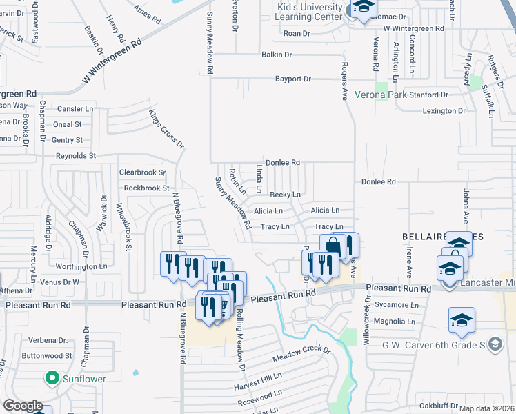 map of restaurants, bars, coffee shops, grocery stores, and more near 1145 Alicia Lane in Lancaster
