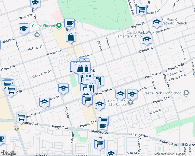 map of restaurants, bars, coffee shops, grocery stores, and more near 242 Kennedy Street in Chula Vista