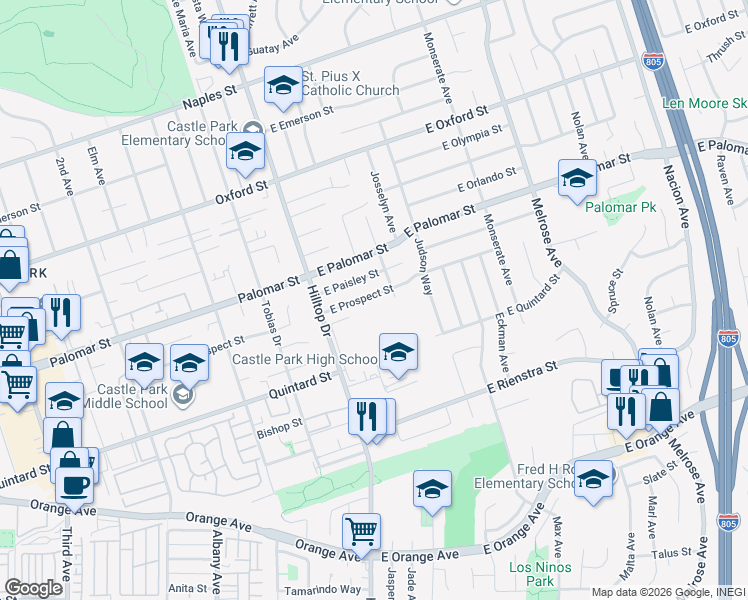 map of restaurants, bars, coffee shops, grocery stores, and more near 69 East Prospect Street in Chula Vista