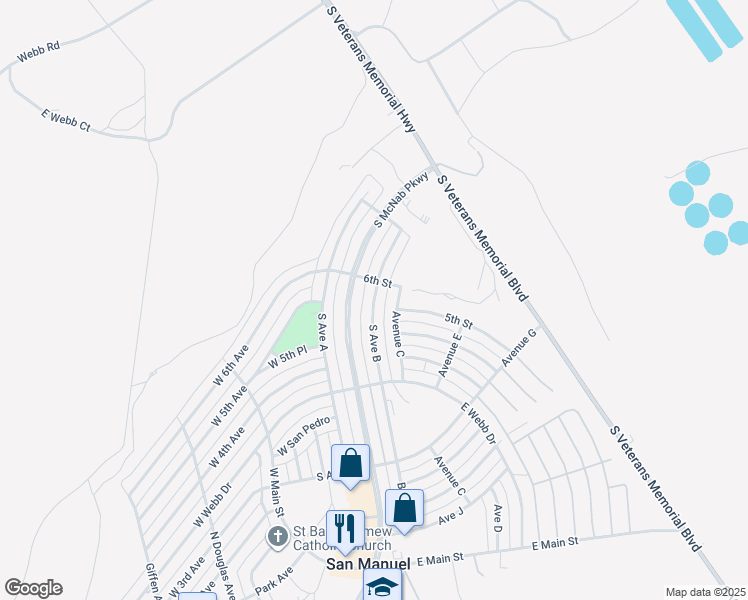 map of restaurants, bars, coffee shops, grocery stores, and more near 218 S Ave B in San Manuel