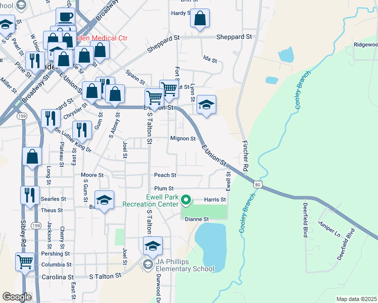 map of restaurants, bars, coffee shops, grocery stores, and more near 817 Mignon Street in Minden