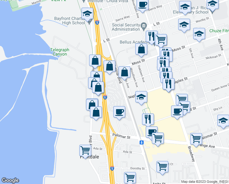 map of restaurants, bars, coffee shops, grocery stores, and more near 1100 Industrial Boulevard in Chula Vista