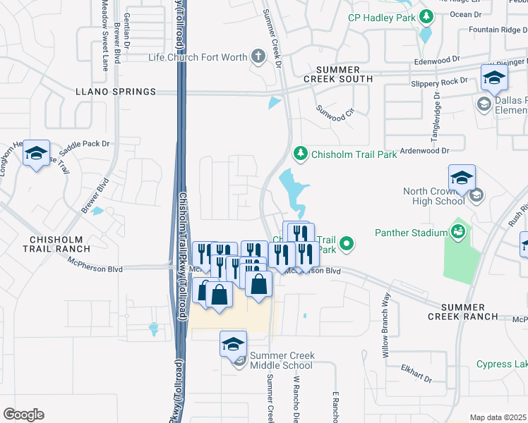 map of restaurants, bars, coffee shops, grocery stores, and more near 9069 Summer Creek Drive in Fort Worth