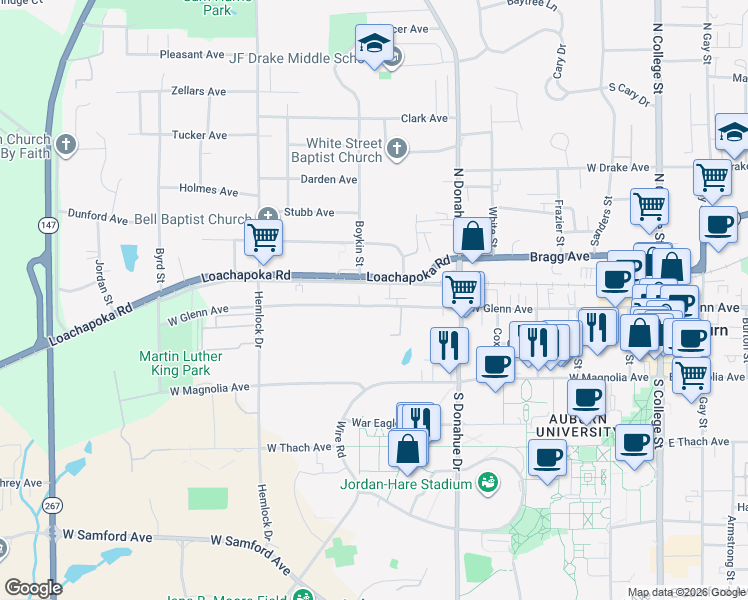 map of restaurants, bars, coffee shops, grocery stores, and more near 617 West Railroad Avenue in Auburn
