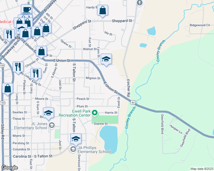 map of restaurants, bars, coffee shops, grocery stores, and more near 700 East Union Street in Minden