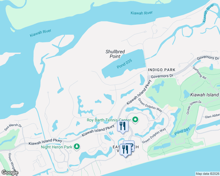 map of restaurants, bars, coffee shops, grocery stores, and more near 30 Green Meadow Lane in Kiawah Island