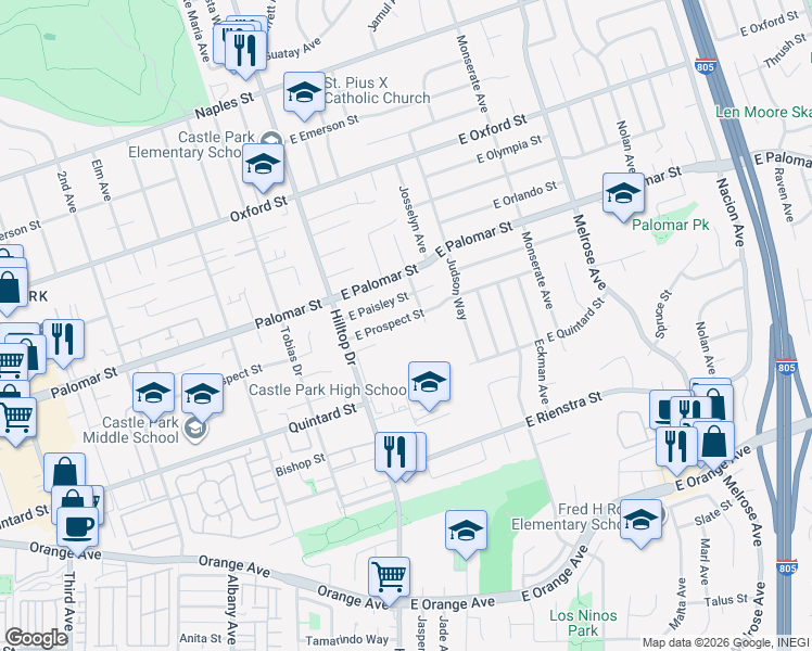 map of restaurants, bars, coffee shops, grocery stores, and more near 69 East Prospect Street in Chula Vista