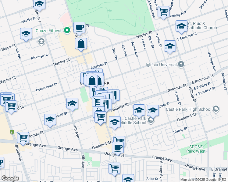 map of restaurants, bars, coffee shops, grocery stores, and more near 228 Kennedy Street in Chula Vista