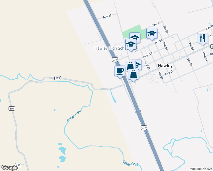 map of restaurants, bars, coffee shops, grocery stores, and more near 12815 U.S. 277 in Hawley