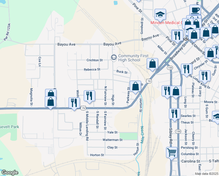 map of restaurants, bars, coffee shops, grocery stores, and more near 313 North Fairview Street in Minden