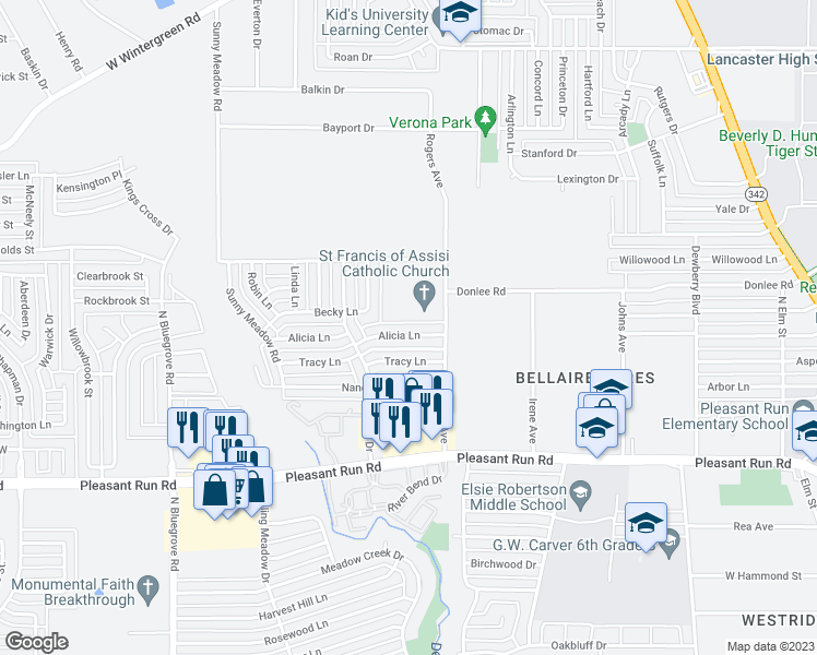 map of restaurants, bars, coffee shops, grocery stores, and more near 1025 Alicia Lane in Lancaster