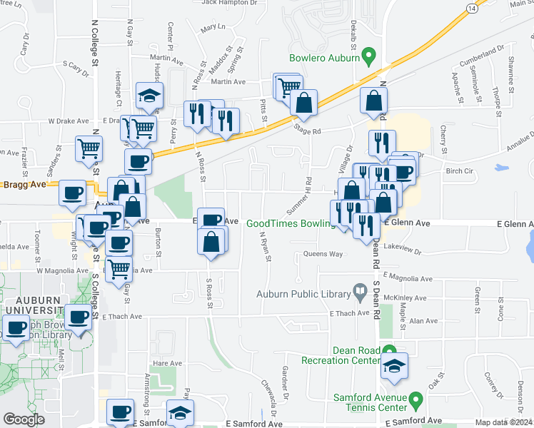 map of restaurants, bars, coffee shops, grocery stores, and more near 222 North Ryan Street in Auburn