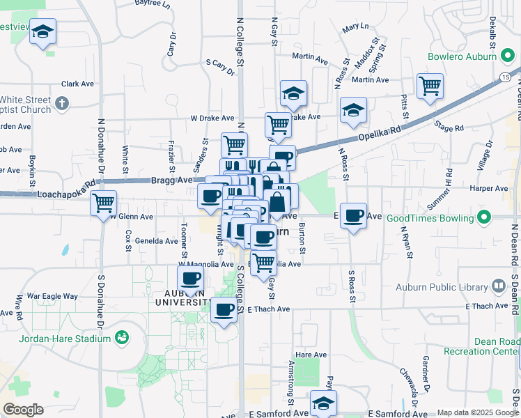 map of restaurants, bars, coffee shops, grocery stores, and more near in Auburn