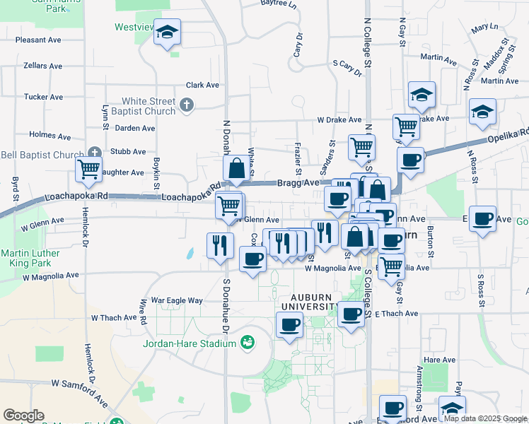 map of restaurants, bars, coffee shops, grocery stores, and more near 362 West Glenn Avenue in Auburn