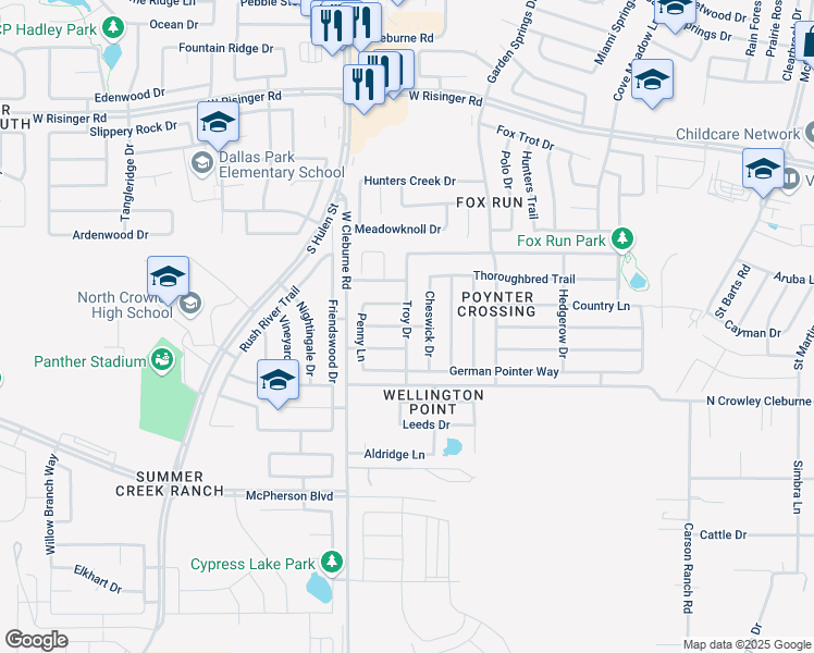 map of restaurants, bars, coffee shops, grocery stores, and more near Kyleigh Drive in Fort Worth