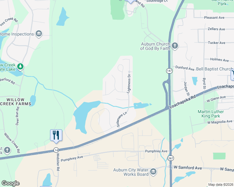 map of restaurants, bars, coffee shops, grocery stores, and more near 253 Solamere Lane in Auburn