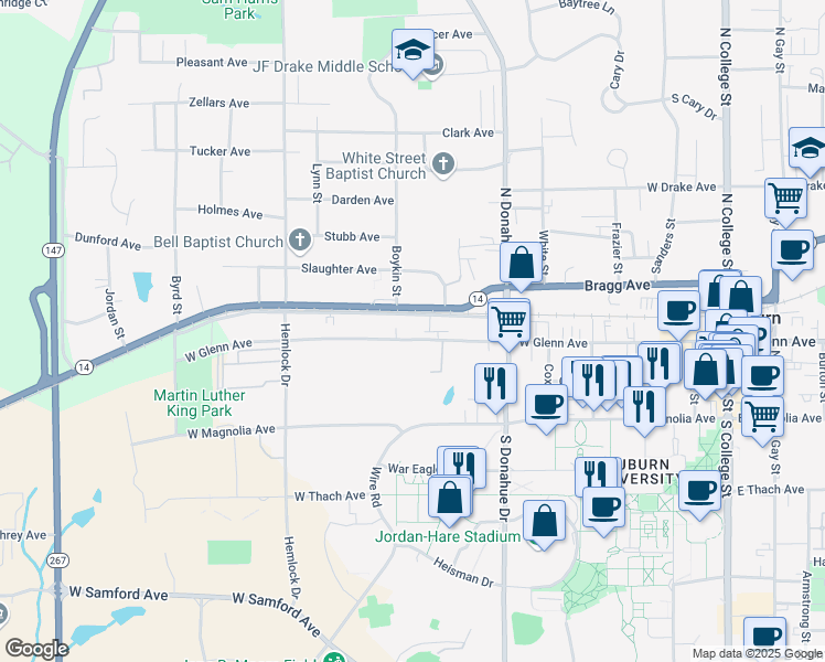 map of restaurants, bars, coffee shops, grocery stores, and more near 634 West Glenn Avenue in Auburn
