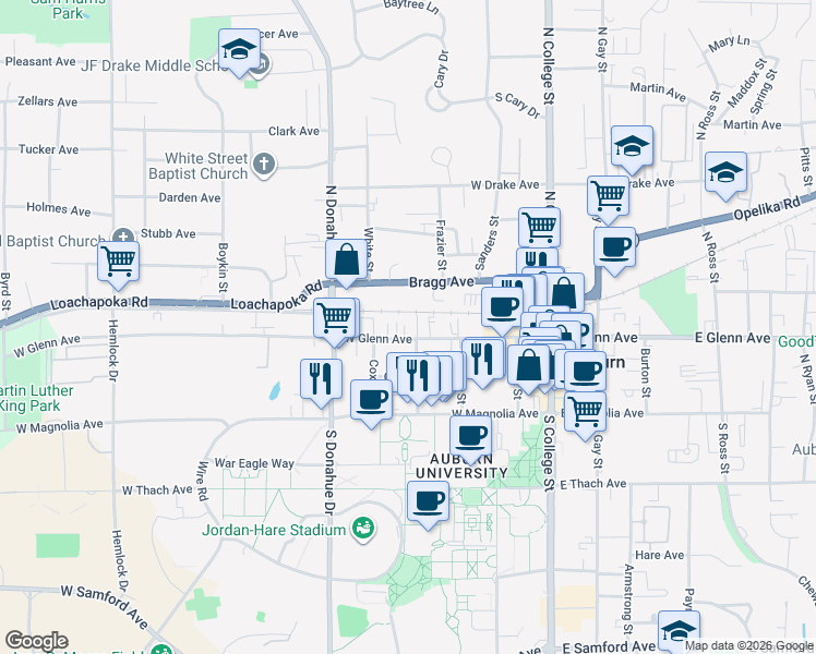 map of restaurants, bars, coffee shops, grocery stores, and more near 344 West Glenn Avenue in Auburn