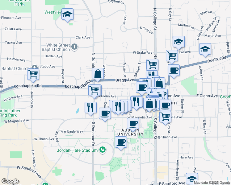 map of restaurants, bars, coffee shops, grocery stores, and more near 344 West Glenn Avenue in Auburn
