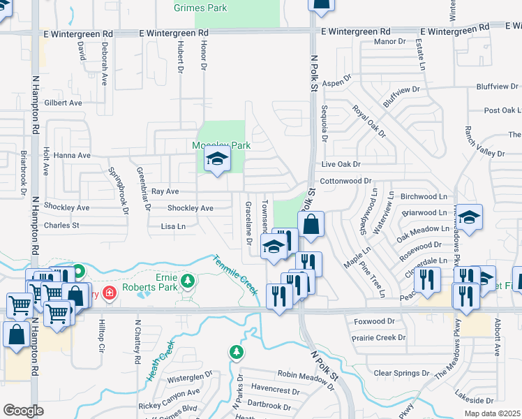 map of restaurants, bars, coffee shops, grocery stores, and more near 1105 Townsend Lane in DeSoto