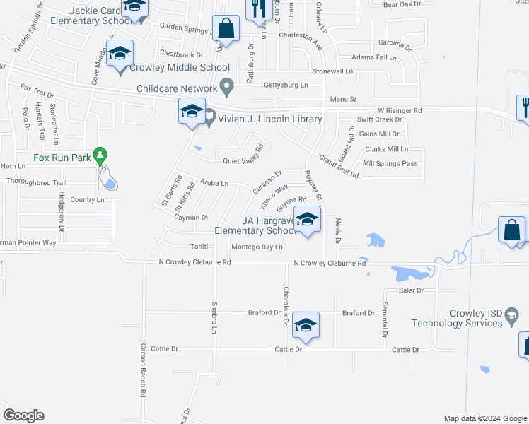 map of restaurants, bars, coffee shops, grocery stores, and more near 9217 Abaco Way in Fort Worth