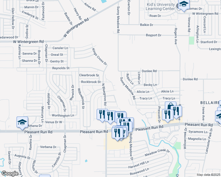 map of restaurants, bars, coffee shops, grocery stores, and more near 1600 North Bluegrove Road in Lancaster
