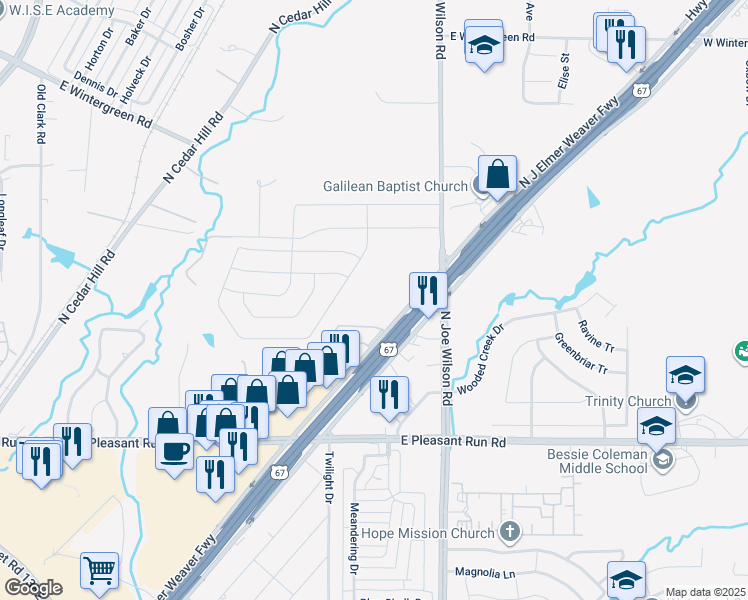 map of restaurants, bars, coffee shops, grocery stores, and more near 1101 J Elmer Weaver Freeway in Cedar Hill