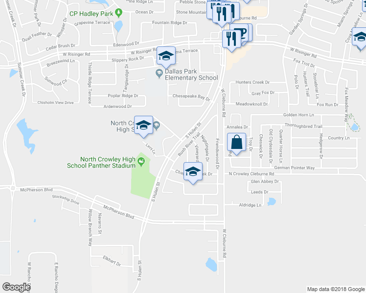 map of restaurants, bars, coffee shops, grocery stores, and more near 4528 Rush River Trail in Fort Worth