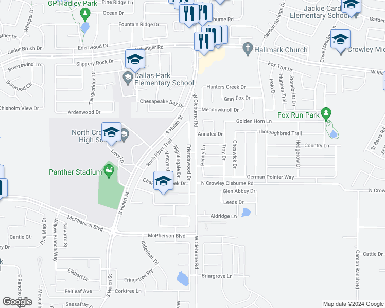 map of restaurants, bars, coffee shops, grocery stores, and more near 9101 Friendswood Drive in Fort Worth