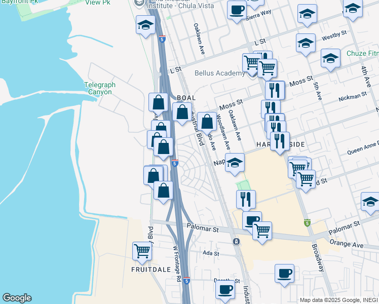map of restaurants, bars, coffee shops, grocery stores, and more near 1100 Industrial Boulevard in Chula Vista