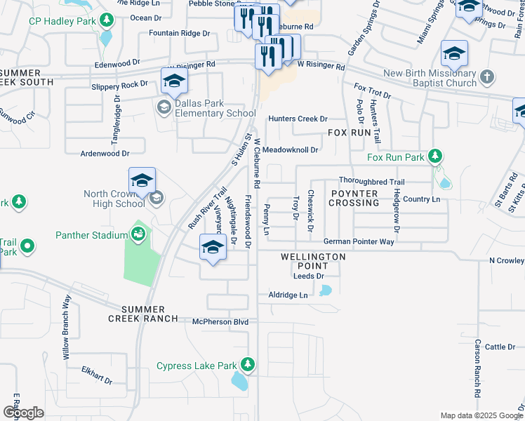 map of restaurants, bars, coffee shops, grocery stores, and more near 9116 Penny Lane in Fort Worth