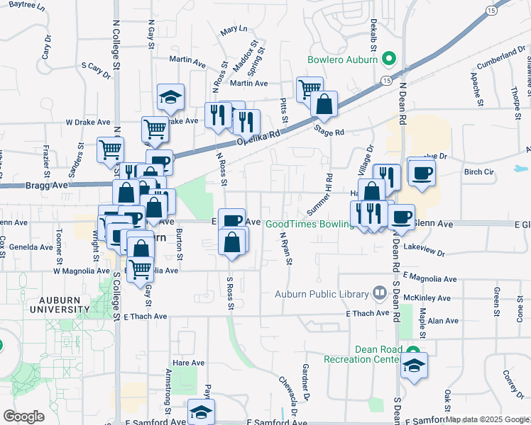 map of restaurants, bars, coffee shops, grocery stores, and more near 210 North Debardeleben Street in Auburn