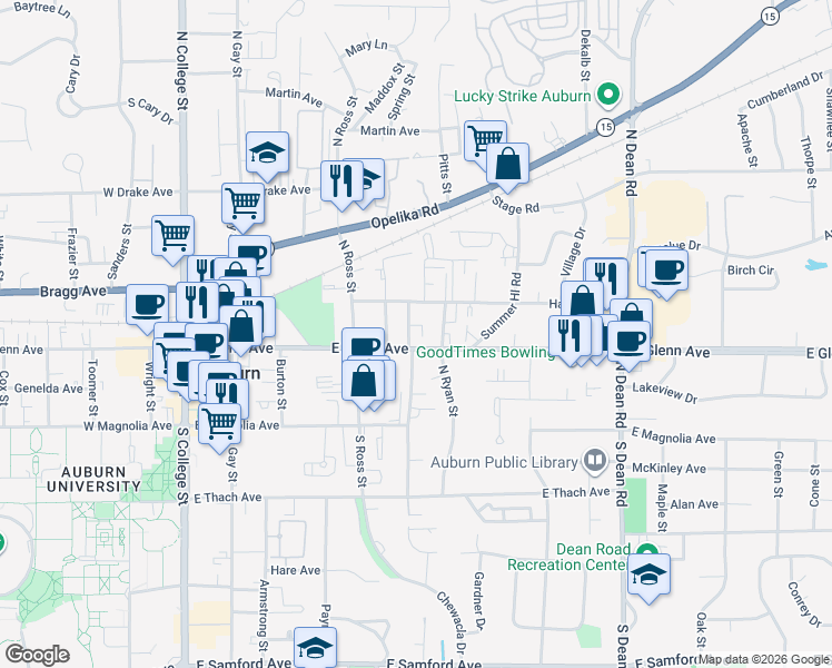 map of restaurants, bars, coffee shops, grocery stores, and more near 210 North Debardeleben Street in Auburn
