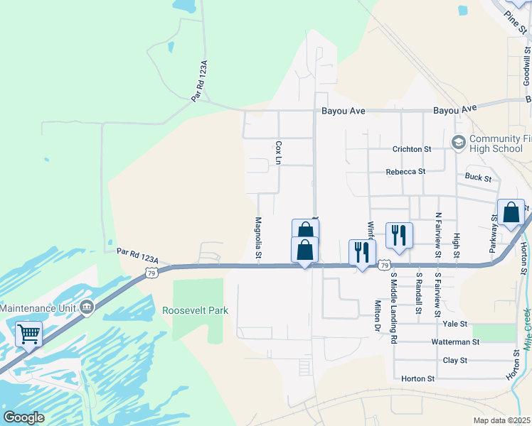 map of restaurants, bars, coffee shops, grocery stores, and more near 117 Magnolia Street in Minden