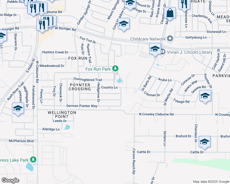 map of restaurants, bars, coffee shops, grocery stores, and more near 3844 Foxhound Lane in Fort Worth